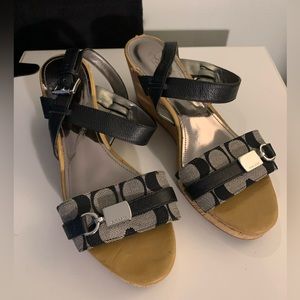 Coach Cork Wedge Logo Black/Grey/Tan Shoes  Sandals Size 9